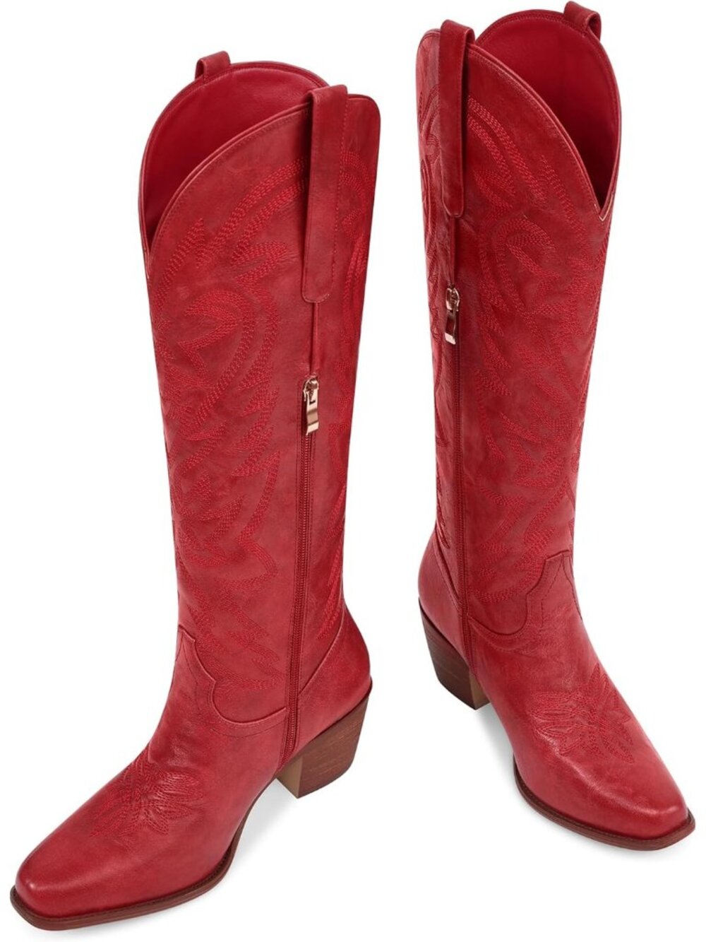 Women's Red Cowgirl Boots Knee High Tall Boots Chunky Heel Pointed Toe Boots - Picture 5 of 6